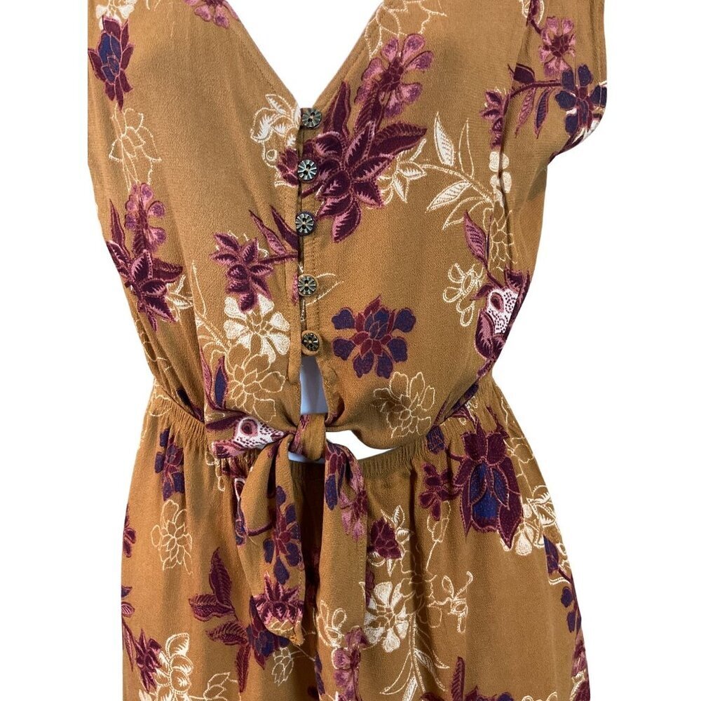 Mason & Belle Brown Floral Sleeveless V-Neck Cutout Tie Elastic Waist Romper Sm - Picture 3 of 10